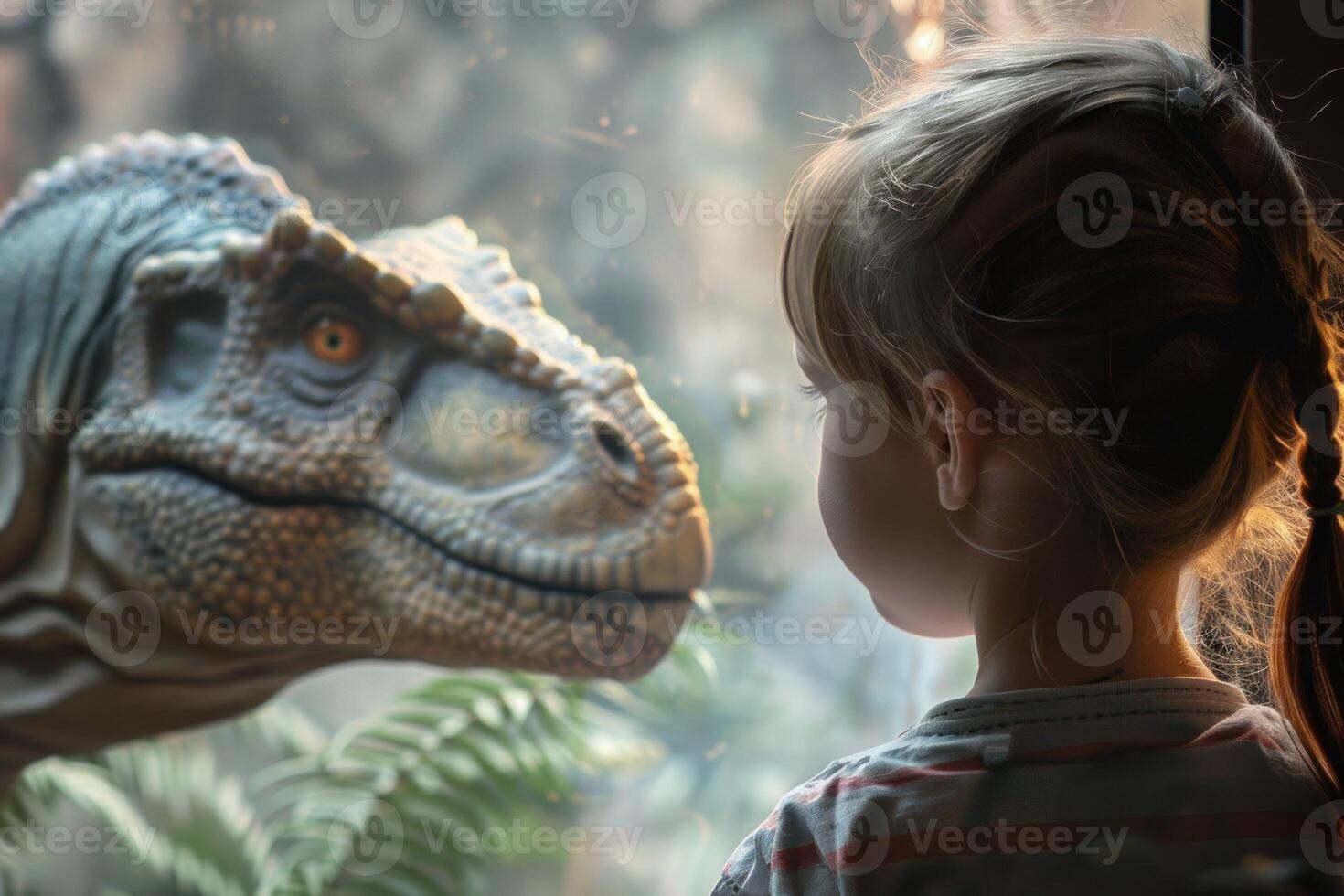 Little girl looking at dinosaur in natural history museum photo