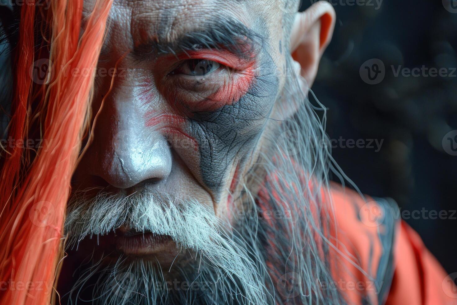Senior asian man with red hair and face paint posing in studio photo