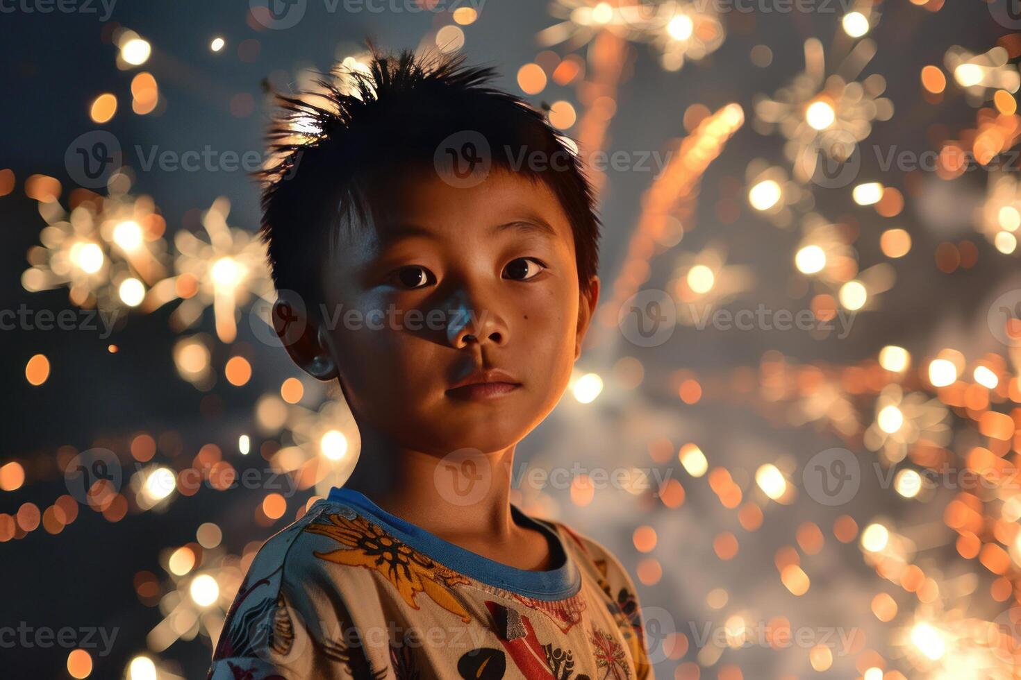 Young boy standing with fireworks exploding in background photo