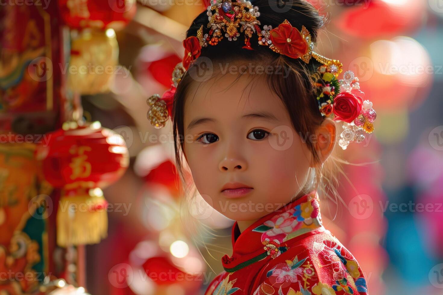 Young girl wearing traditional chinese dress posing in front of red lanterns photo