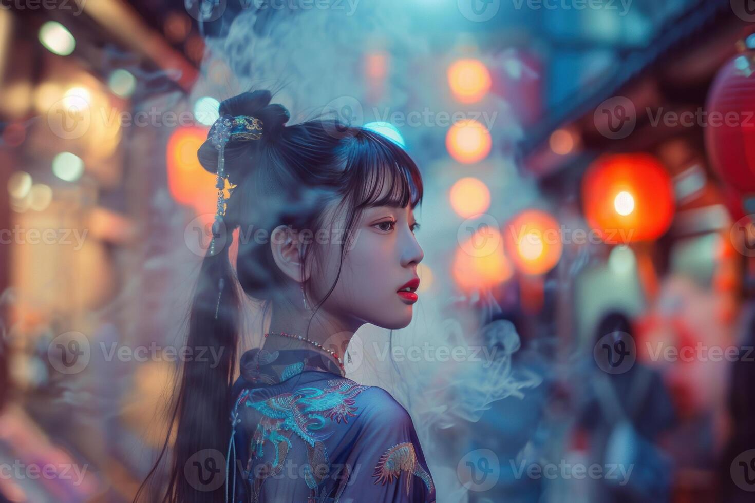 Young woman posing with smoke and red lanterns in background photo
