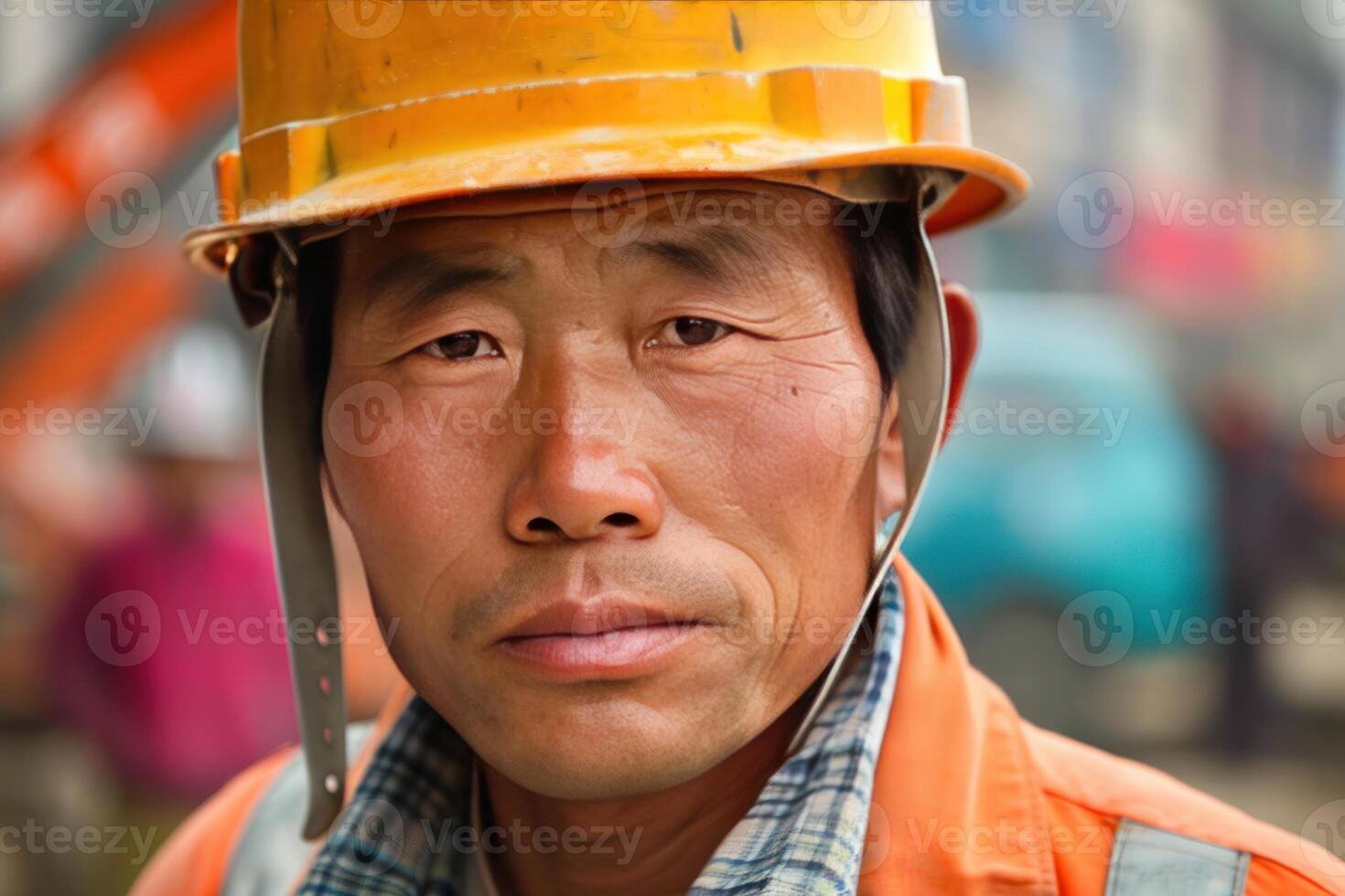 Construction worker wearing hard hat looking serious photo