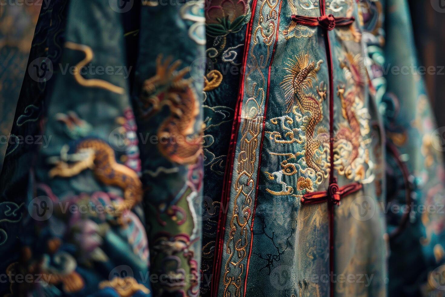 Traditional chinese dragon robe featuring intricate embroidery and red frog closures photo