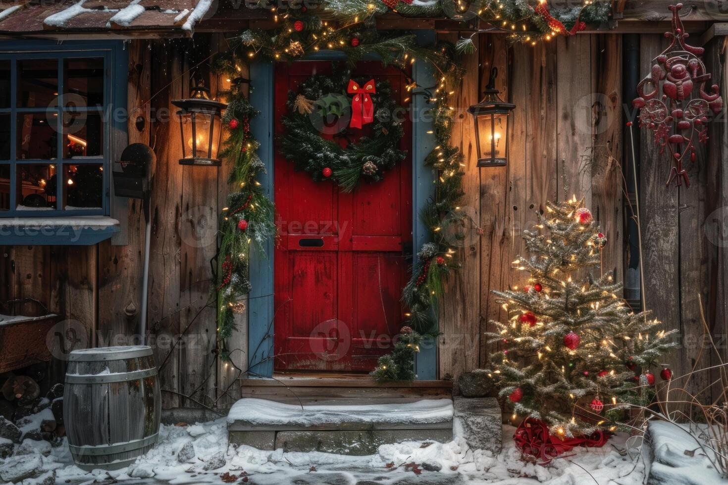 Red christmas door of a rustic log cabin covered in snow photo