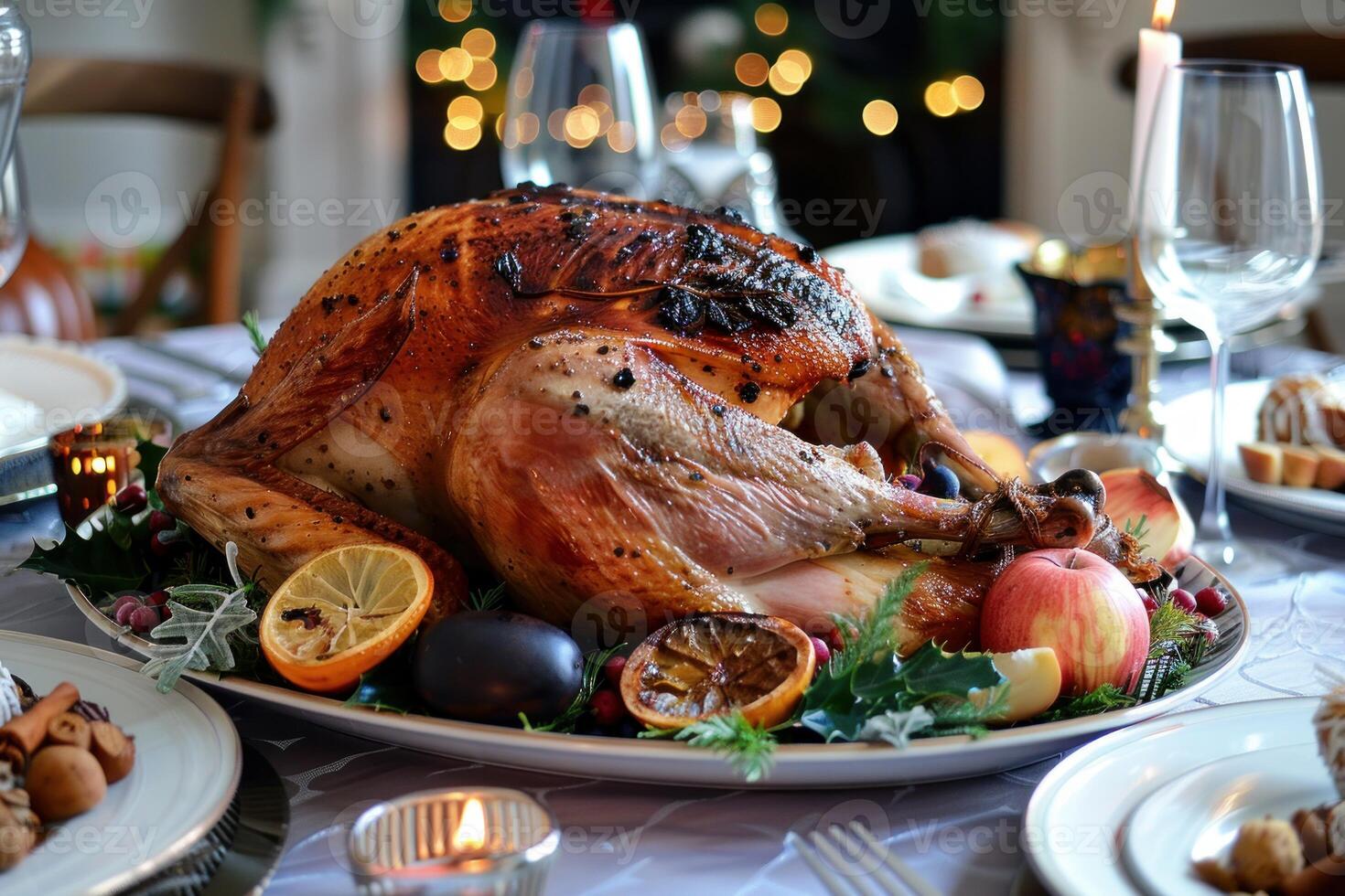 Delicious roast turkey sitting on holiday dinner table photo