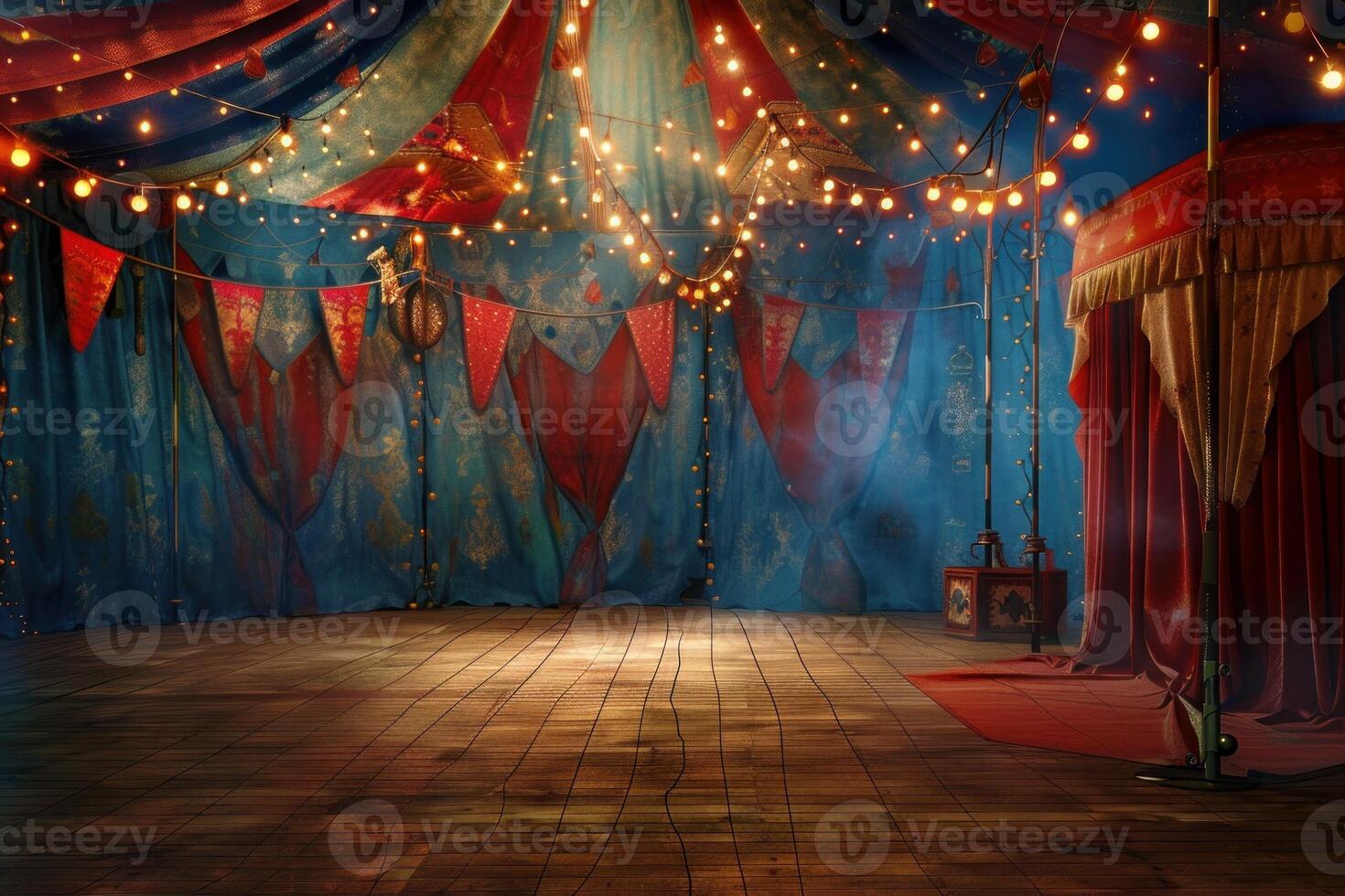 Empty stage with spotlights shining in a vintage circus tent at night photo