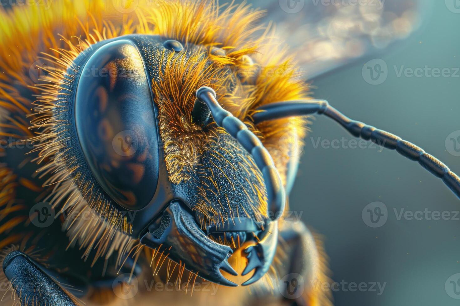 European dark bee showing its shiny body and big eye in a close up portrait photo