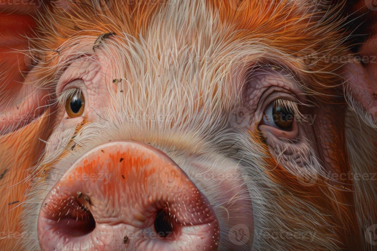Pig with orange and white fur standing on farm photo