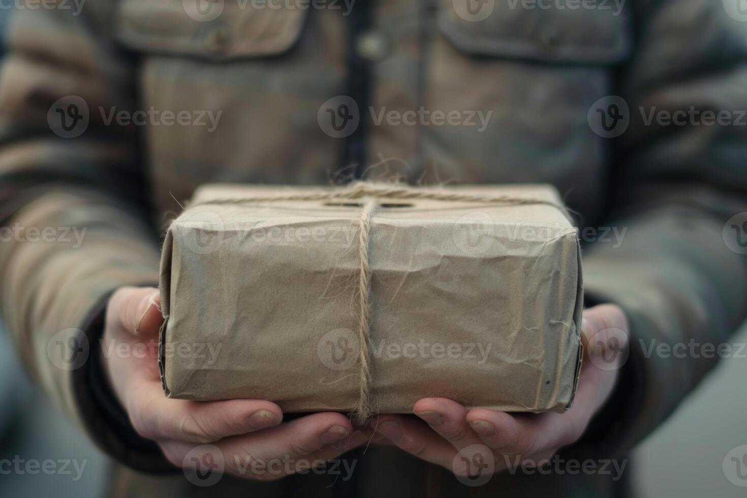 Delivery man holding a parcel wrapped in brown paper and tied with string photo