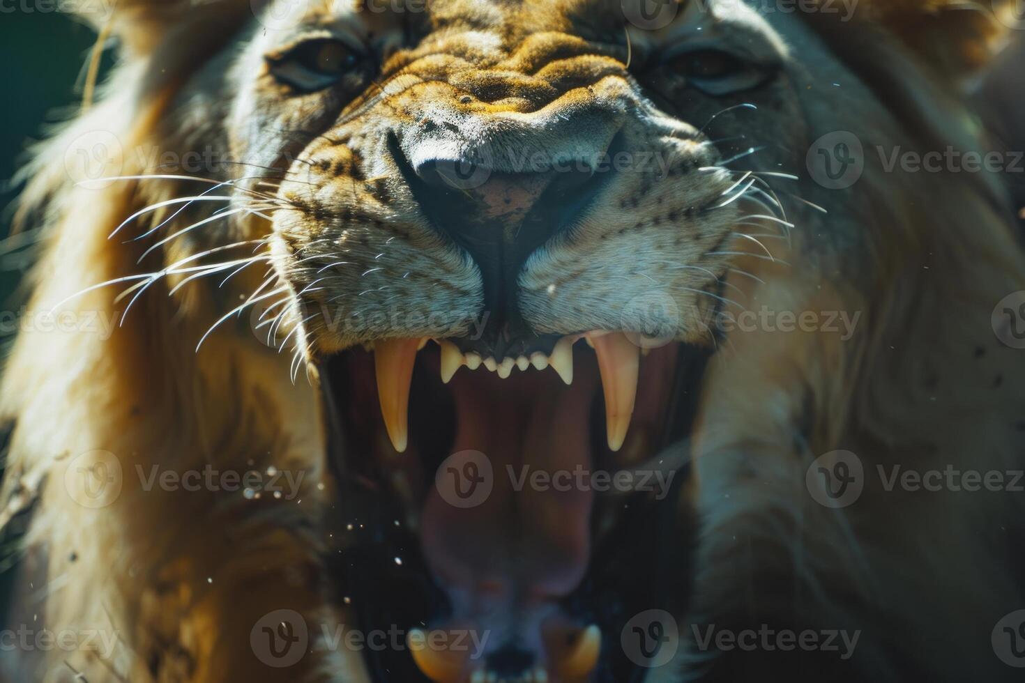 Close up of a male lion roaring, showing its teeth and tongue photo