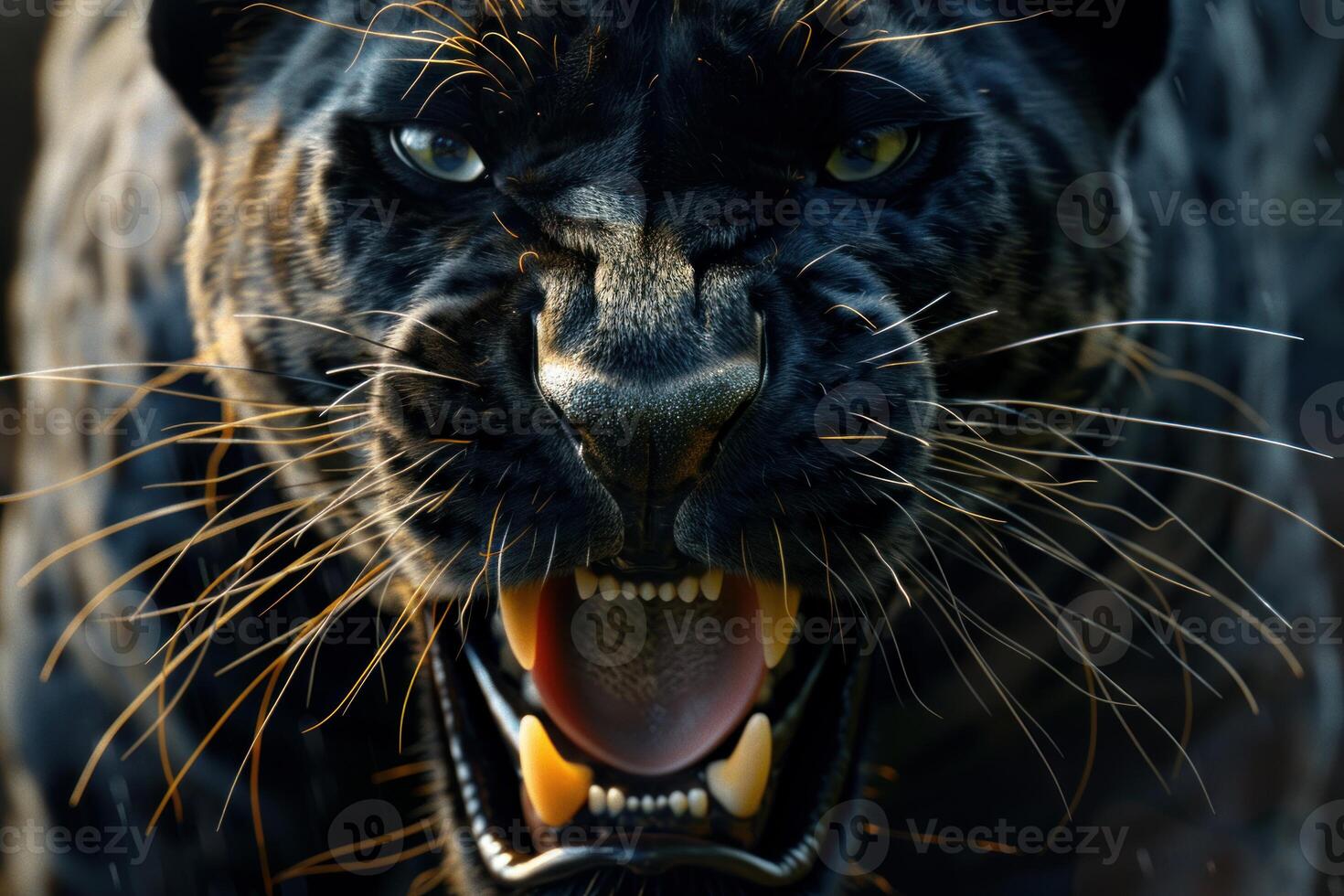 Black panther snarling showing teeth and tongue photo