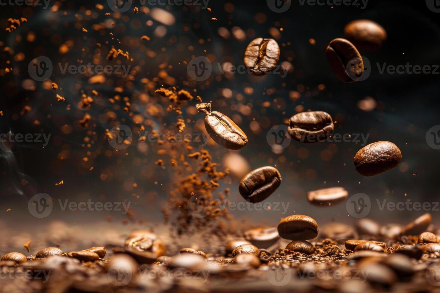 Roasted coffee beans and powder falling down in super slow motion photo
