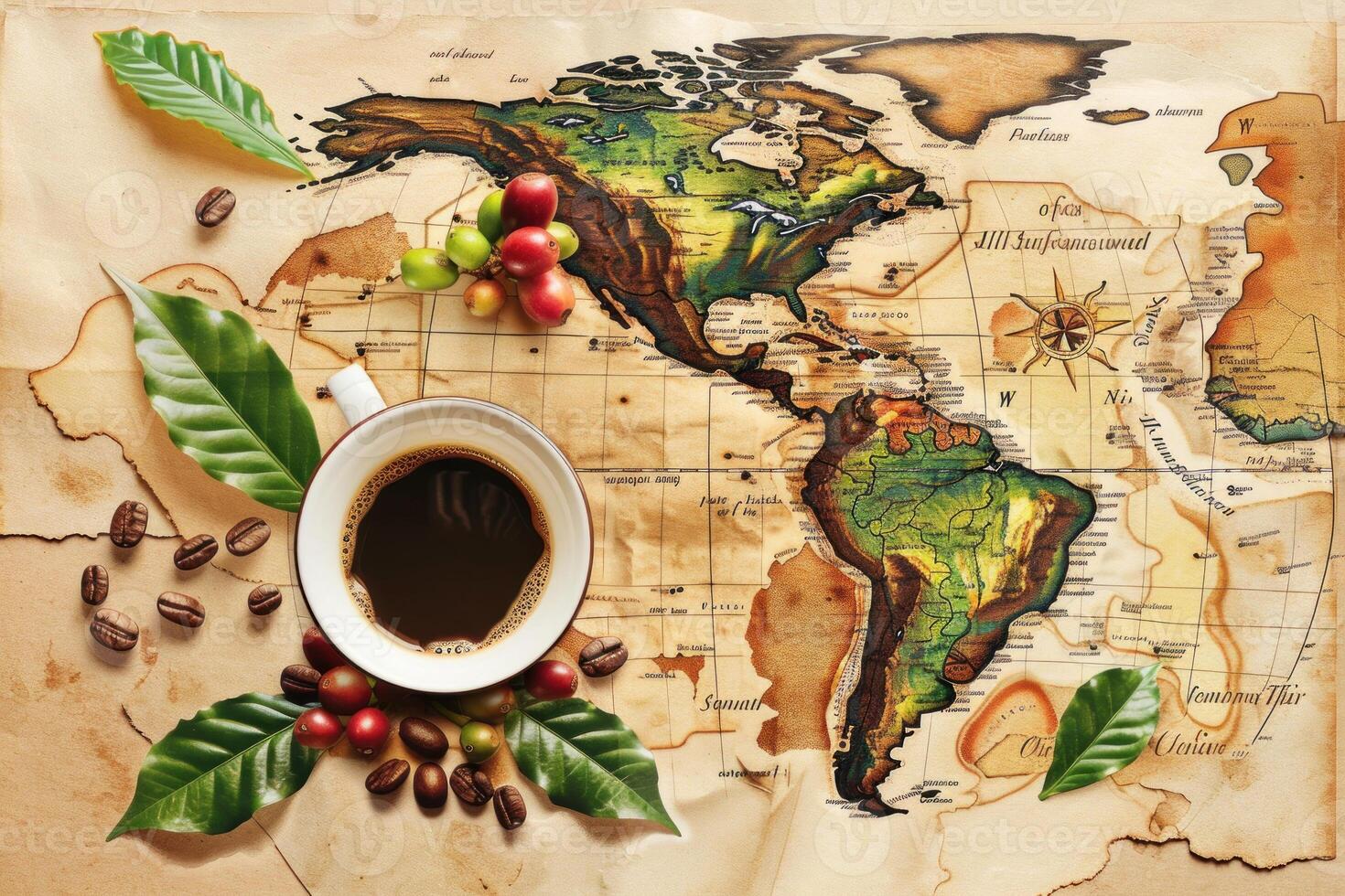 Cup of coffee sitting on an antique world map with coffee beans photo