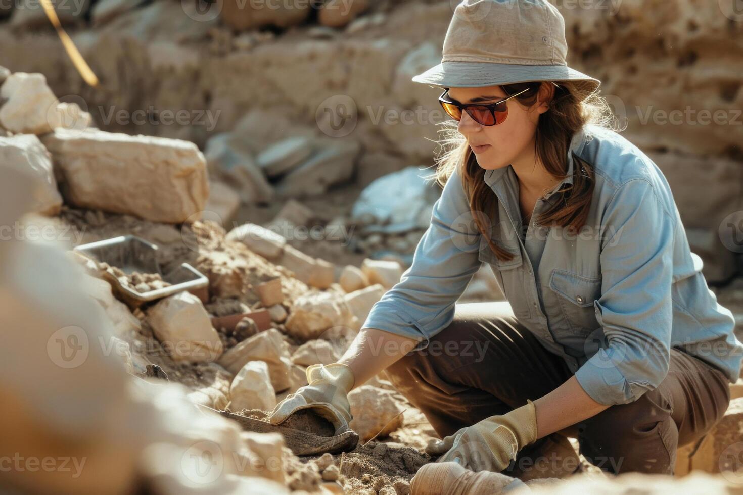 Archaeologist excavating ancient artifacts at site photo