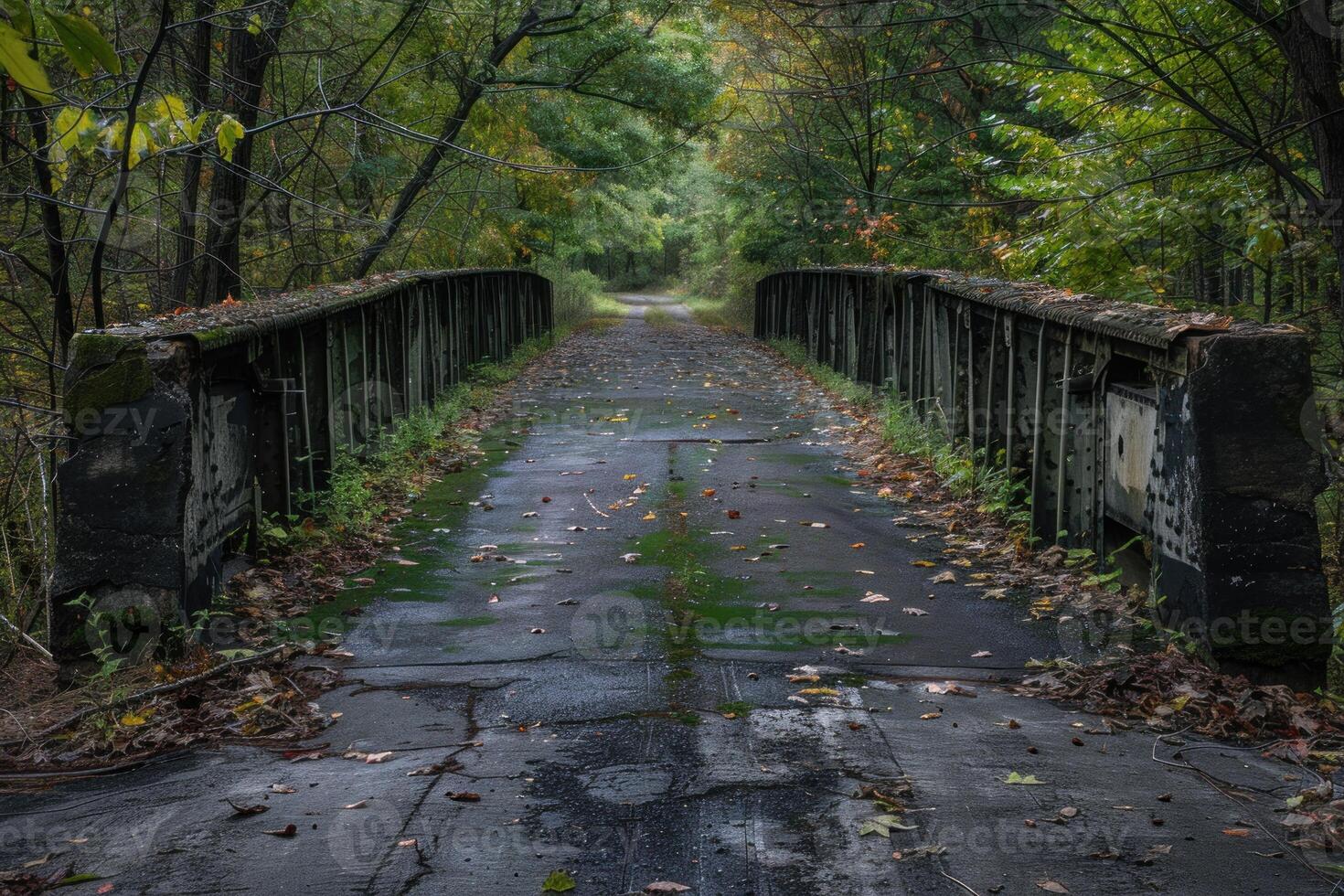 Abandoned bridge in autumn forest photo