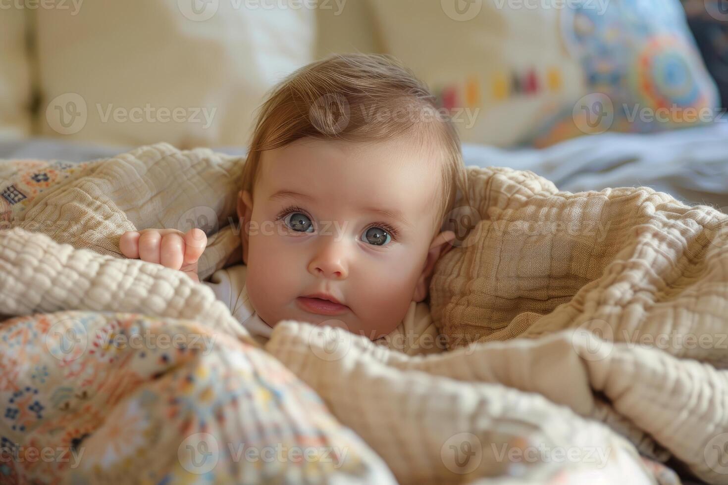 Adorable baby peeking out from cozy blanket photo