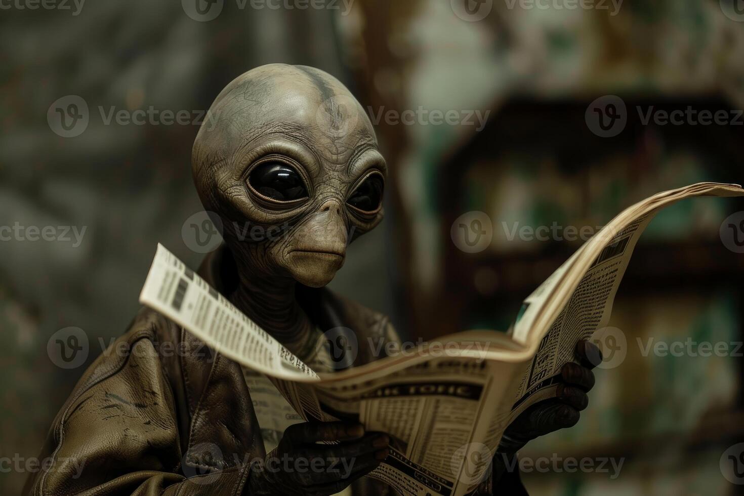 Realistic alien figure is engrossed in reading a newspaper photo