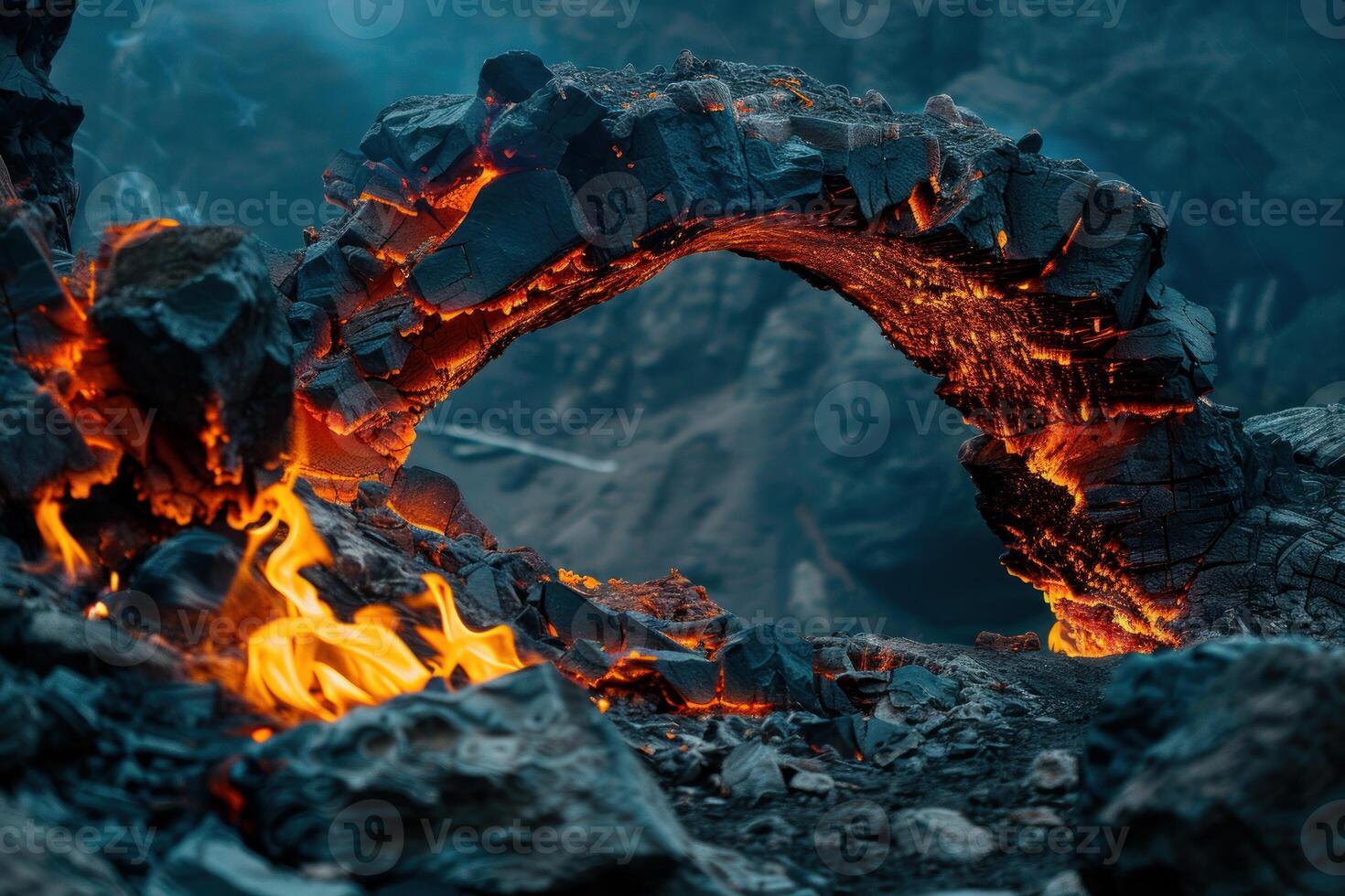 Fiery arch in volcanic landscape natural lava formation photo