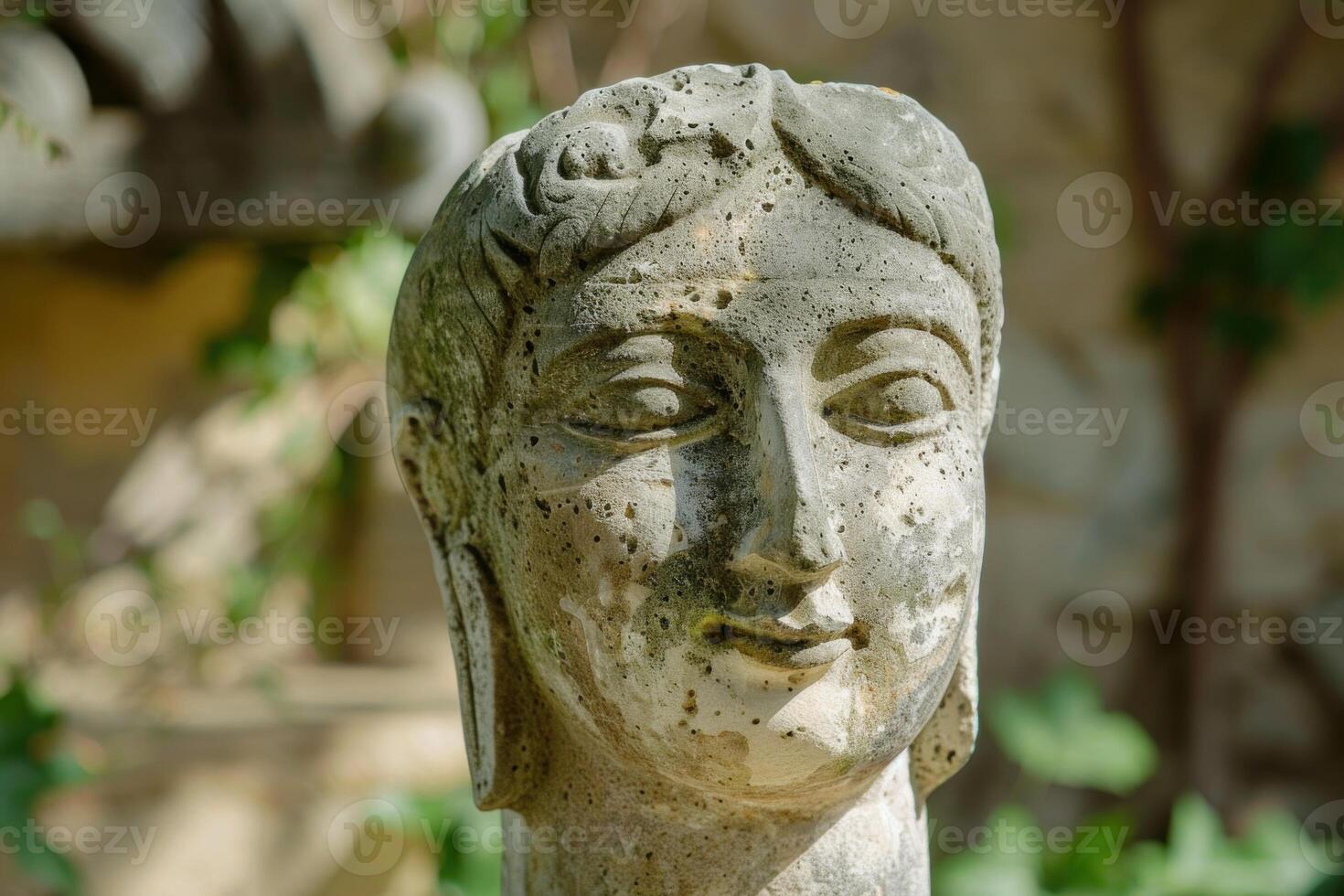 Ancient stone statue head in garden photo
