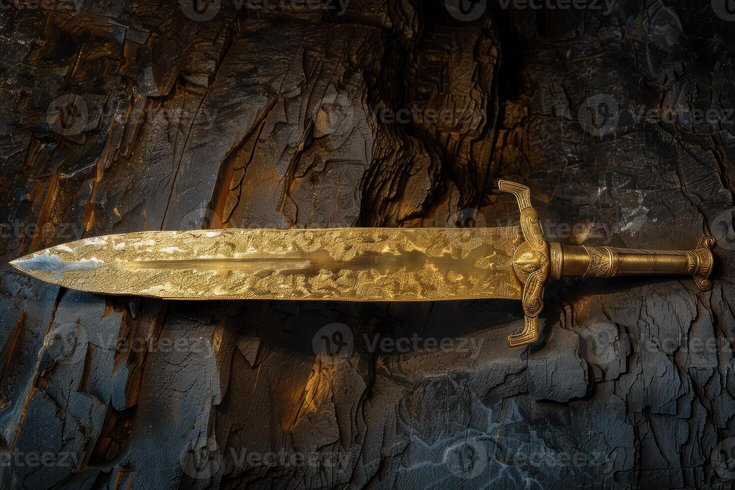 Ancient golden sword on textured background photo
