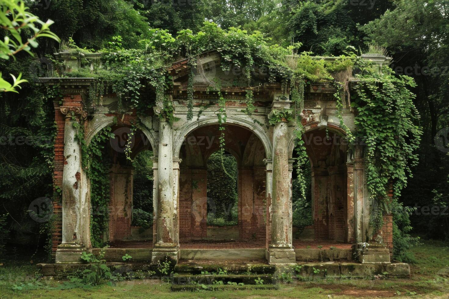 Enigmatic ruins overgrown by lush greenery photo