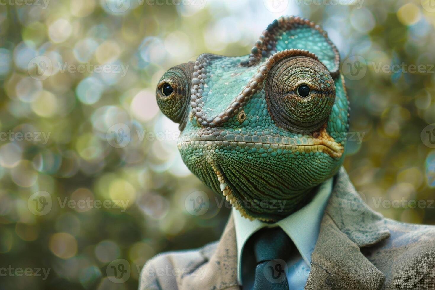 Chameleon in business attire with bokeh background photo