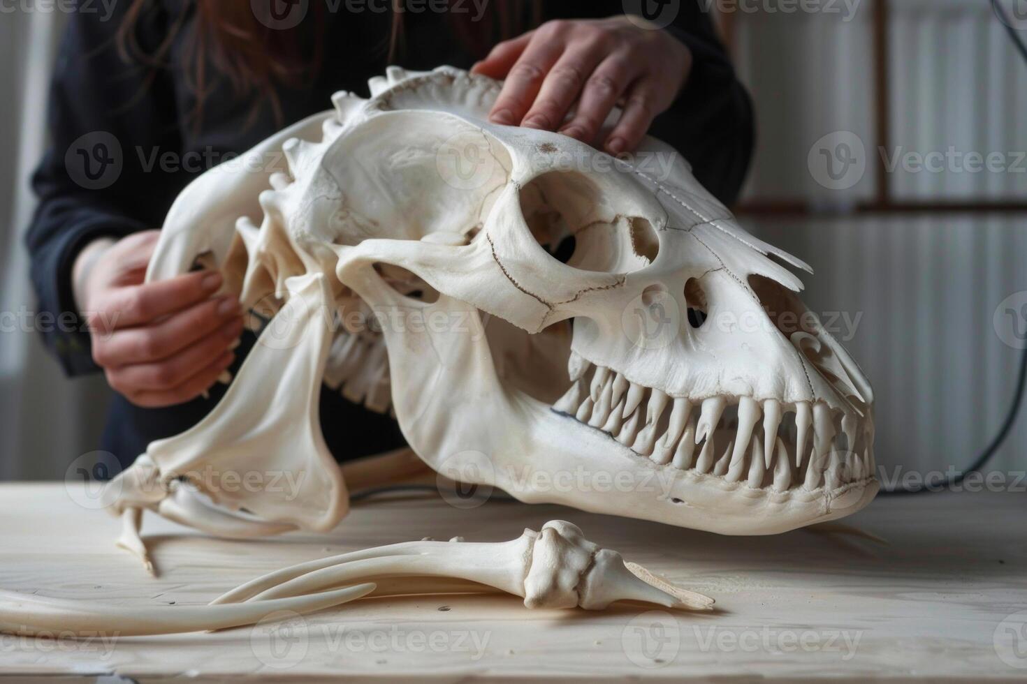 Detailed view of a researcher putting together an animal skull and bones on a worktable photo
