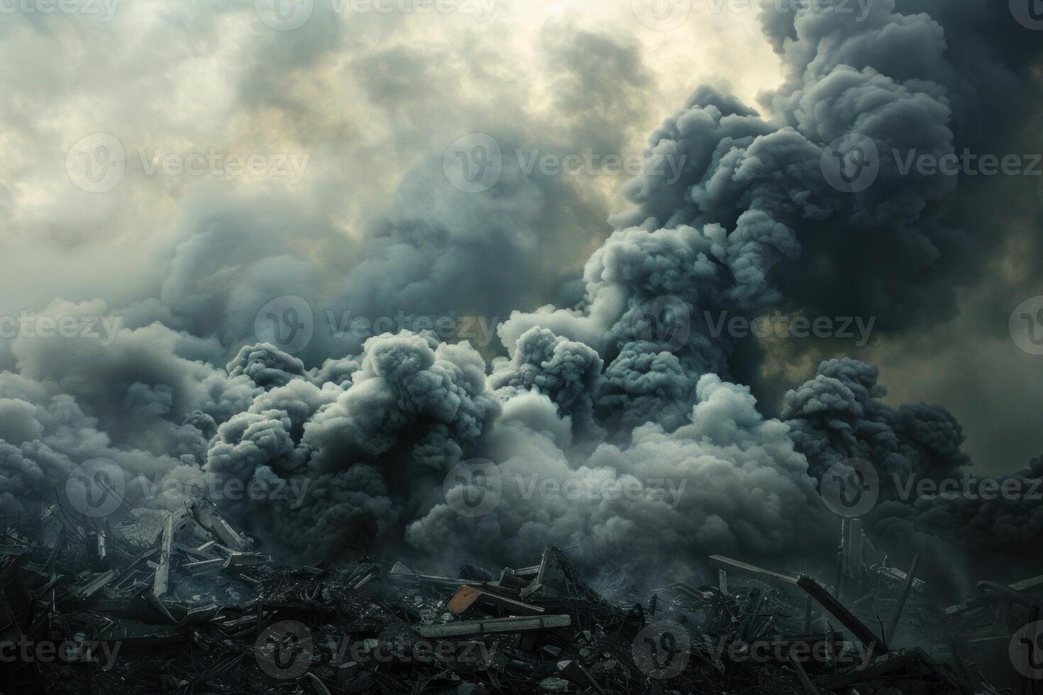 Dark smoke rises dramatically from the debris of a devastated landscape, evoking an apocalyptic scene photo