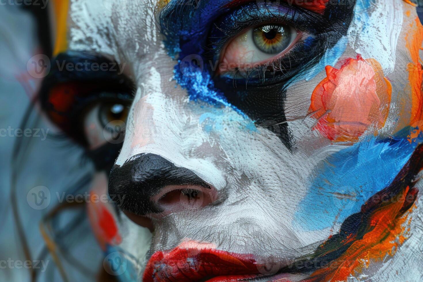 Detailed view of a person's face with colorful, abstract makeup art photo