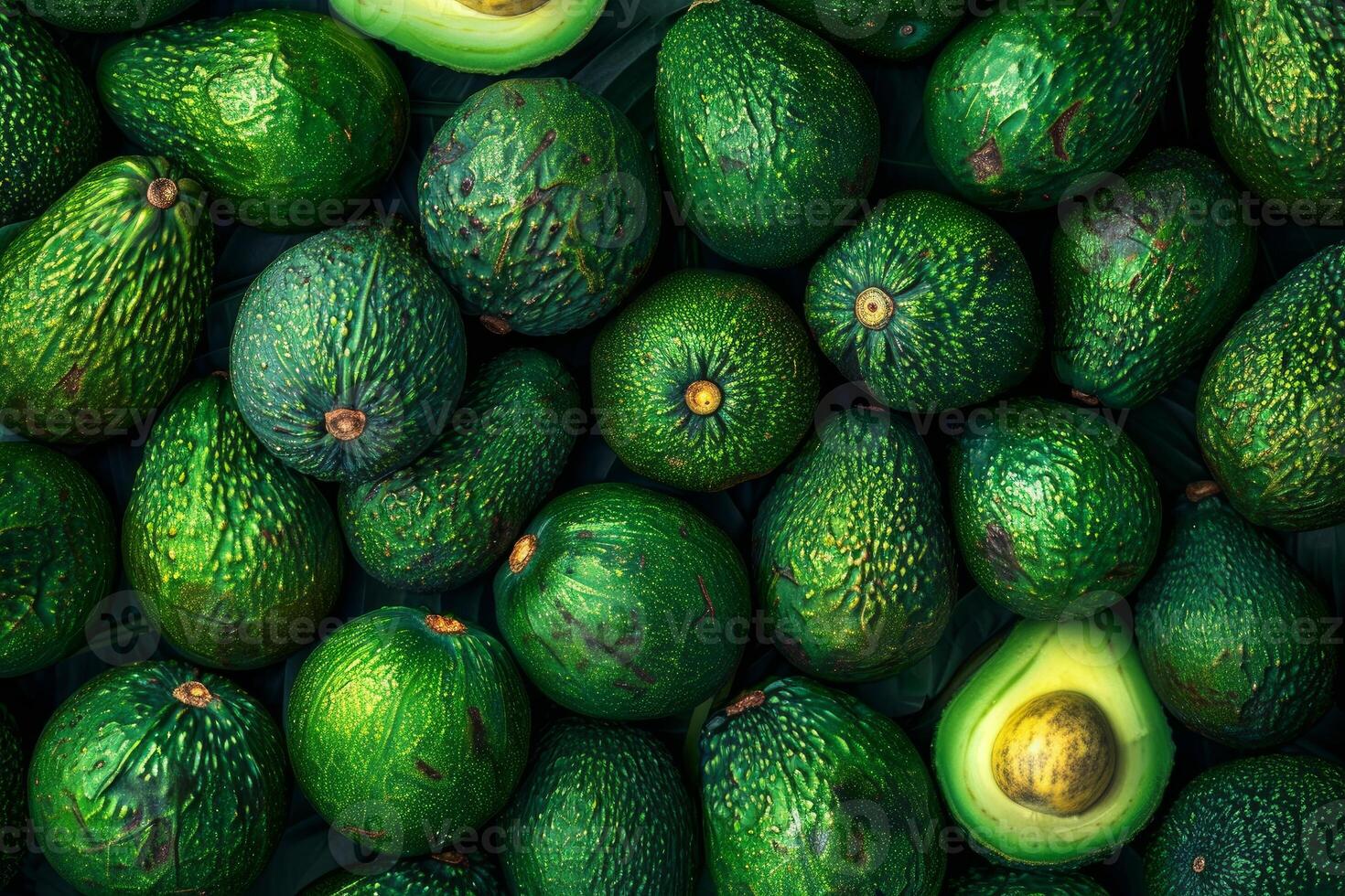 Fresh avocados background with sliced avocado half photo