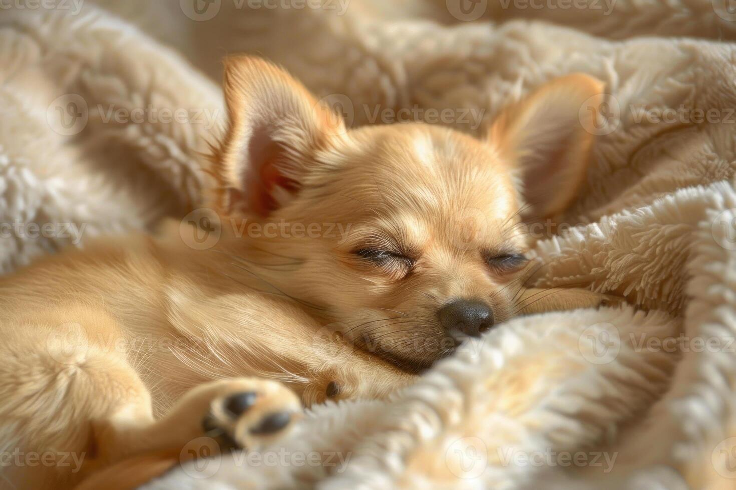 Peaceful chihuahua puppy napping in soft blanket photo