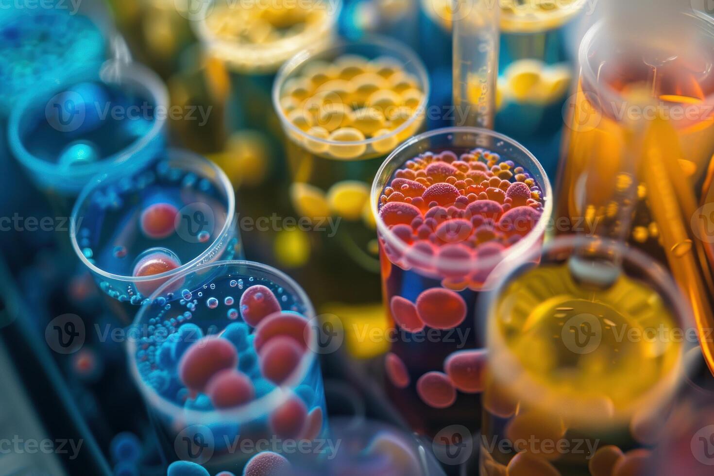 Colorful chemical reaction experimenting in test tubes photo