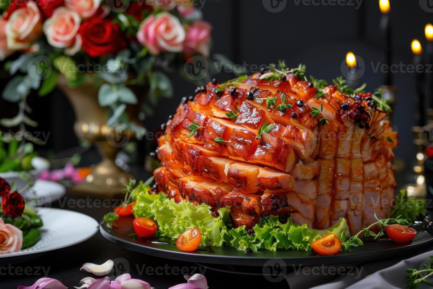 Festive ham dinner celebrating with loved ones photo