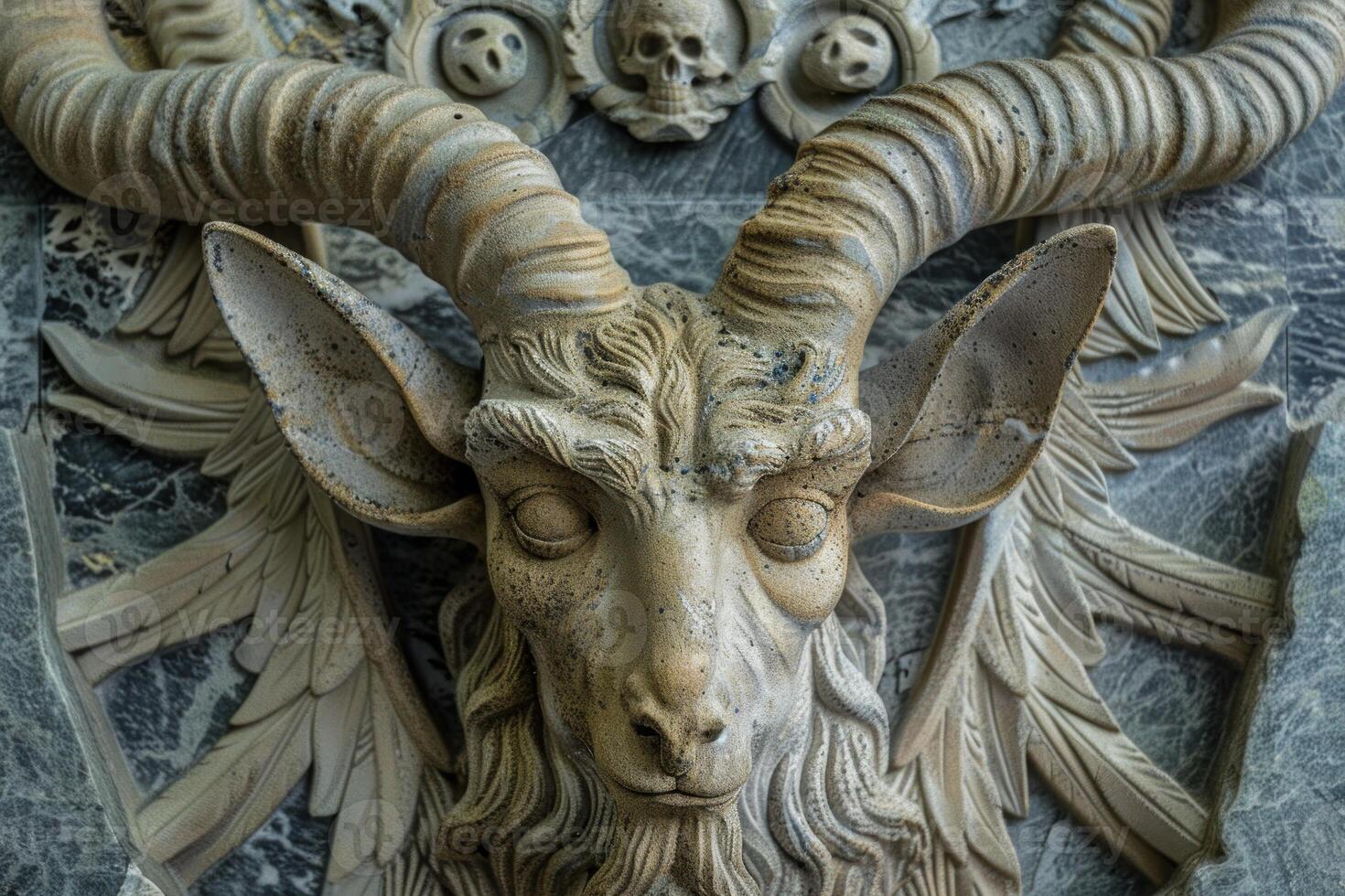 Stone goat head bas relief photo