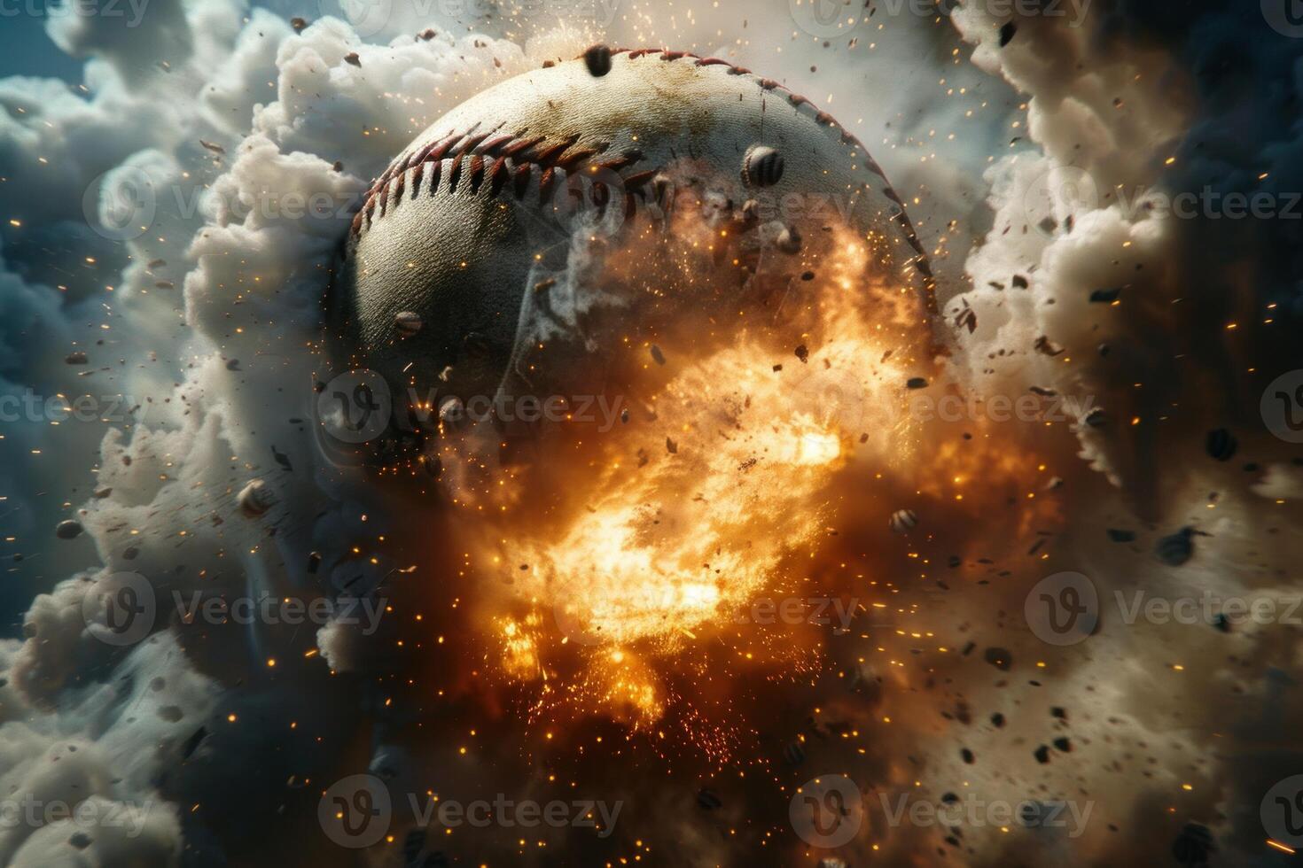 Baseball shatters with an intense fiery explosion and dynamic smoke effects photo