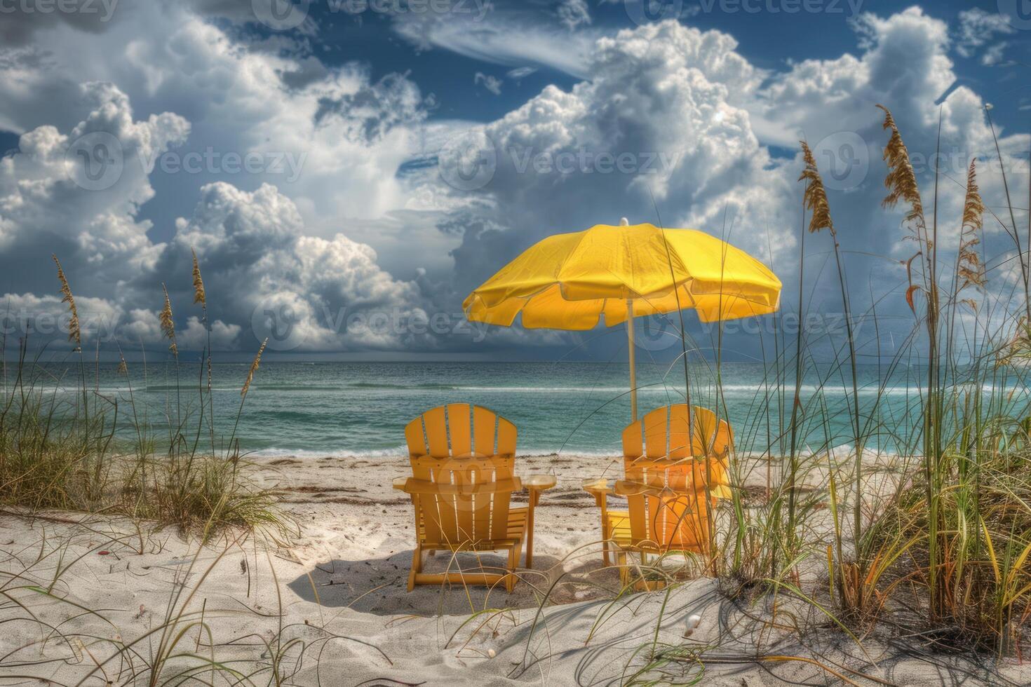 Serene beach escape with yellow umbrella photo