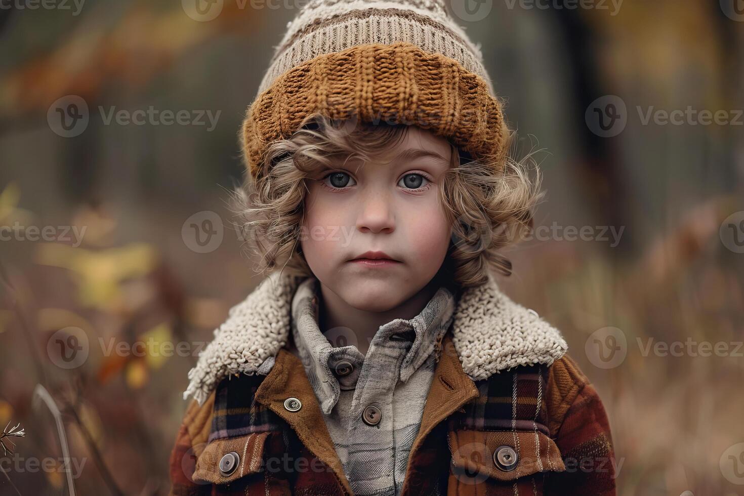 Young boy wearing a beanie and warm jacket posing in an autumn forest photo