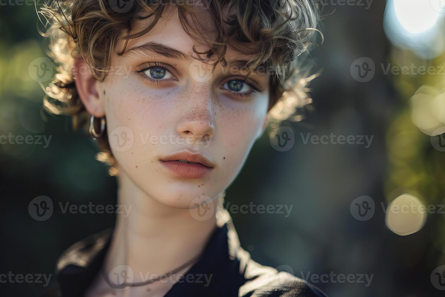Young woman with freckles and blue eyes posing in nature photo