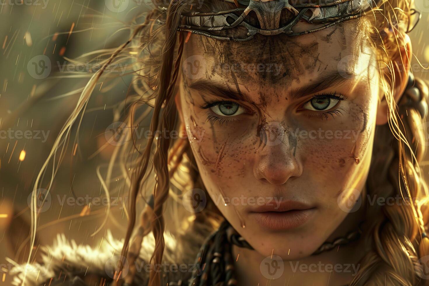 Young female warrior with headdress standing strong during battle photo