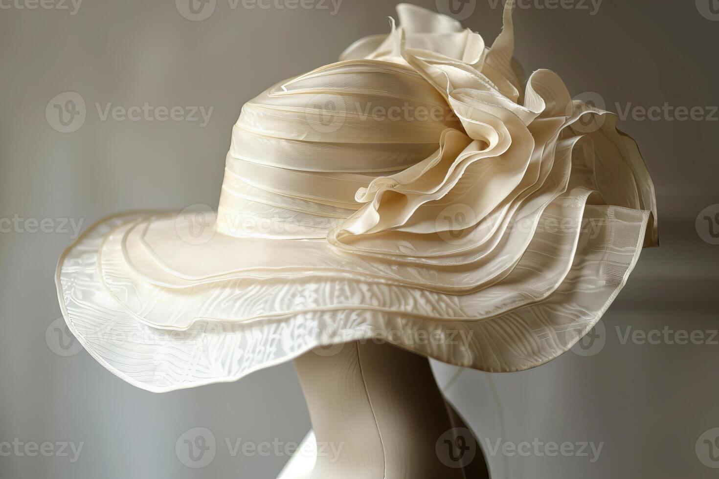 White hat with large brim and ruffles is displayed on a mannequin photo