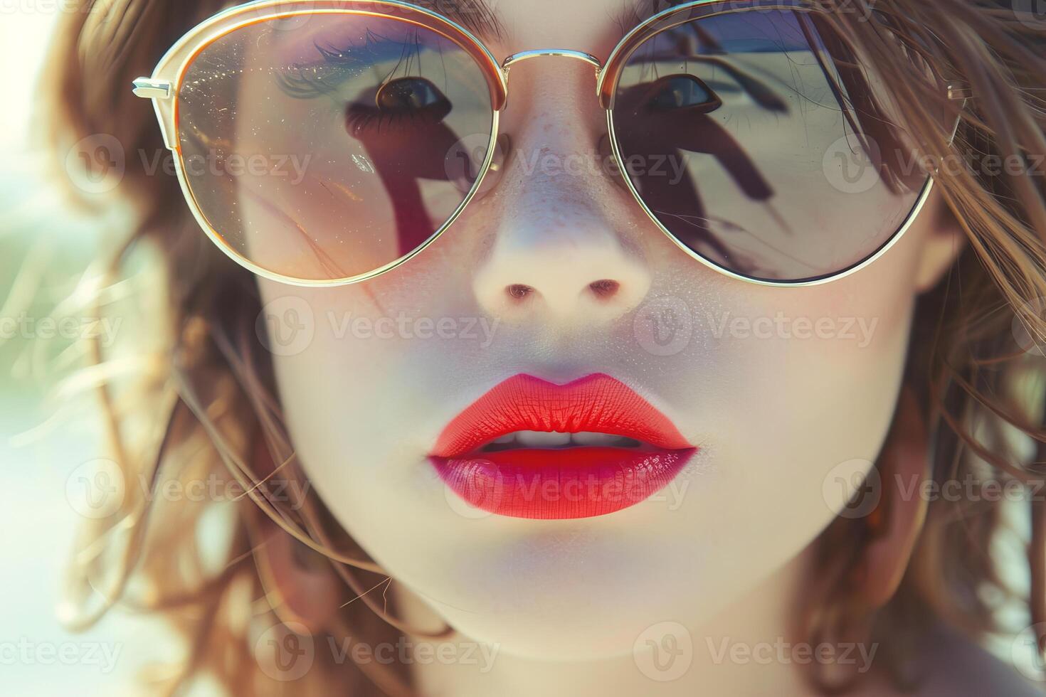 Young woman with red lipstick wearing sunglasses and posing outside on a sunny day photo
