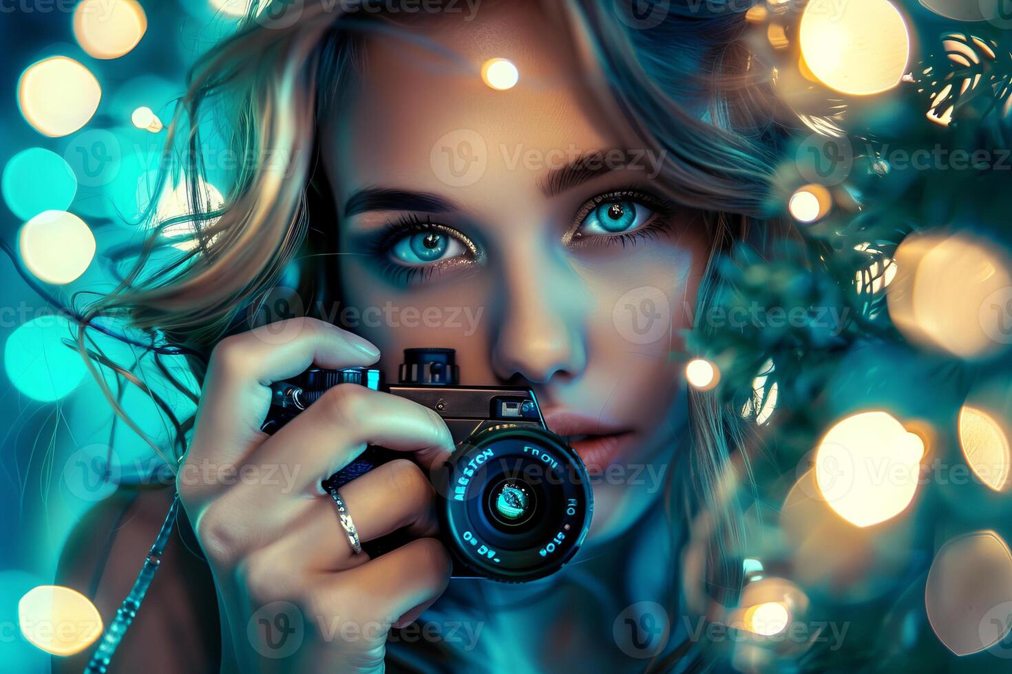 Photographer holding a vintage camera with blue and yellow bokeh lights in the background photo
