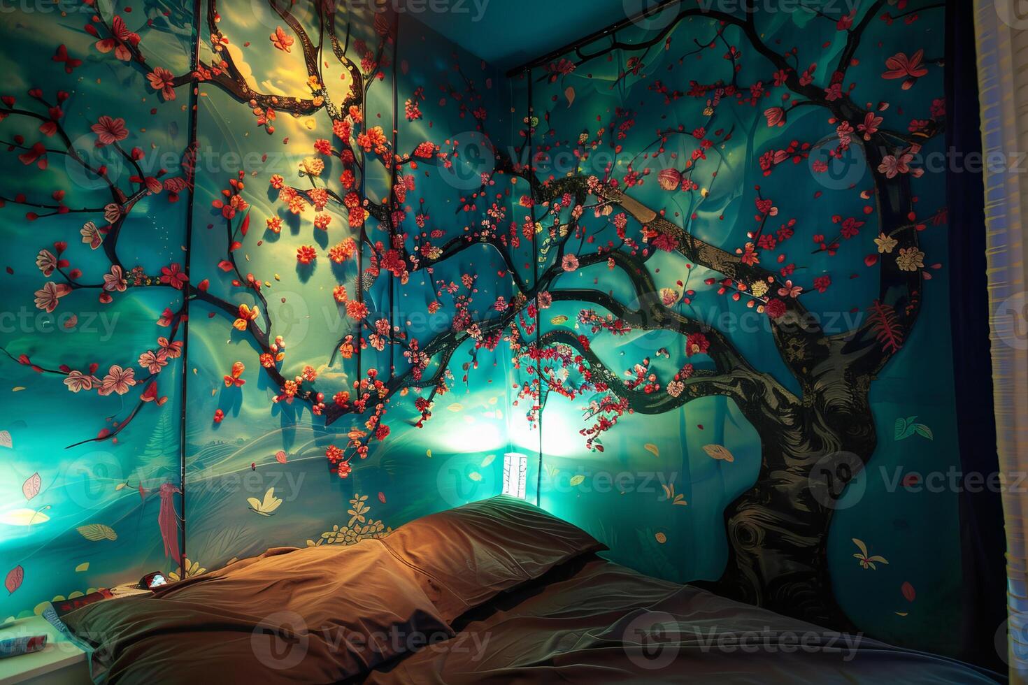 Bedroom with a large wall hanging representing a blooming cherry tree in spring photo