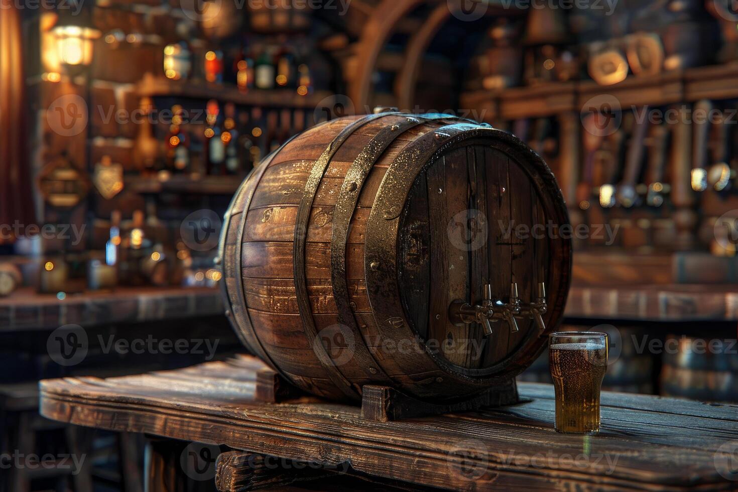 Wooden beer keg with metal taps is standing on a bar counter in a traditional pub photo