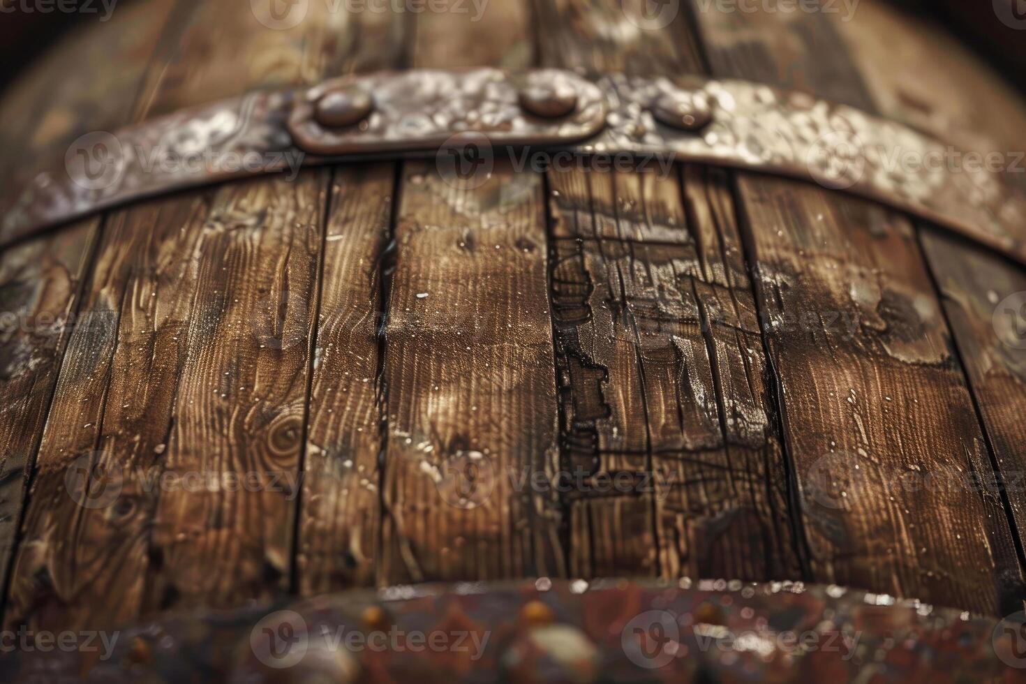 Rustic wooden barrel with metal bands showing detailed wood grain and texture photo