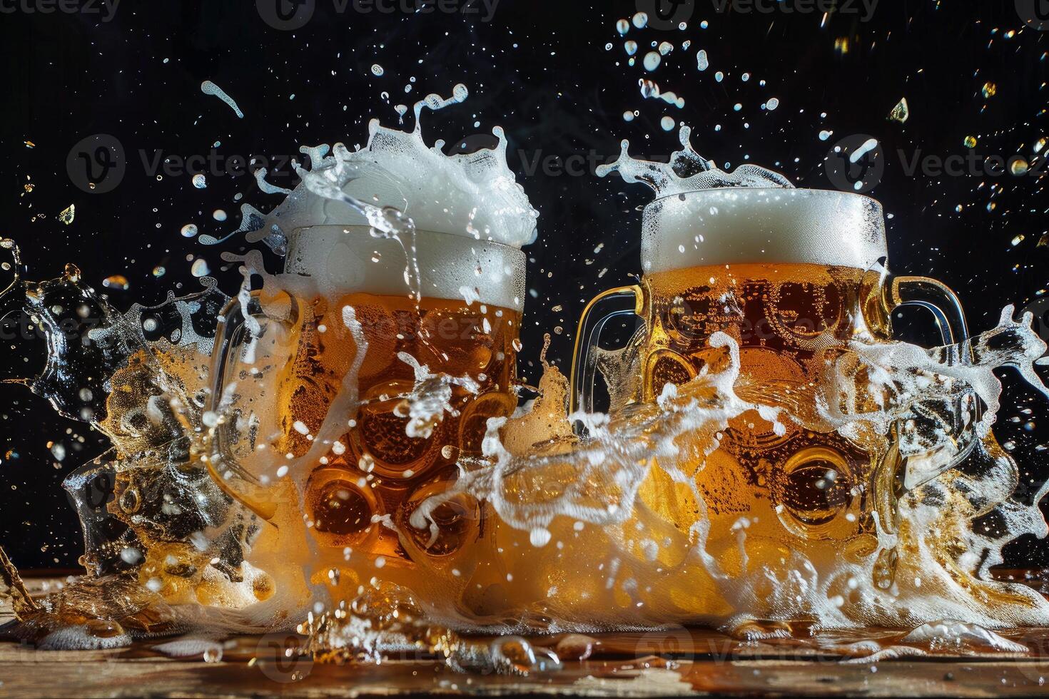 Two beer mugs splashing and making a toast on a wooden table photo