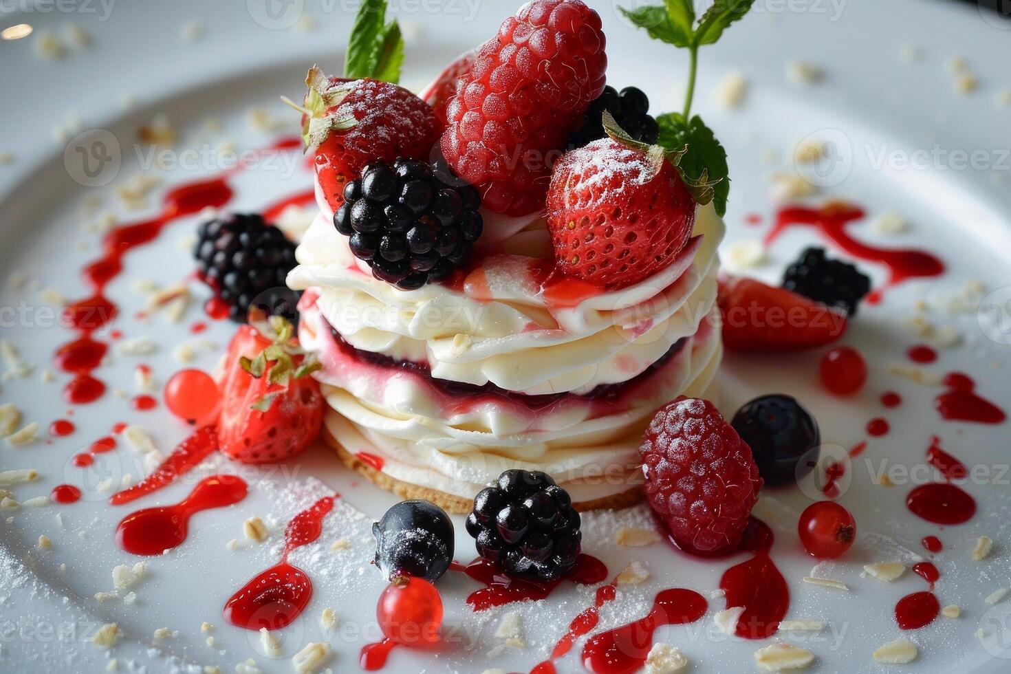 Meringue cake is sitting on a white plate and topped with fresh berries and mint photo