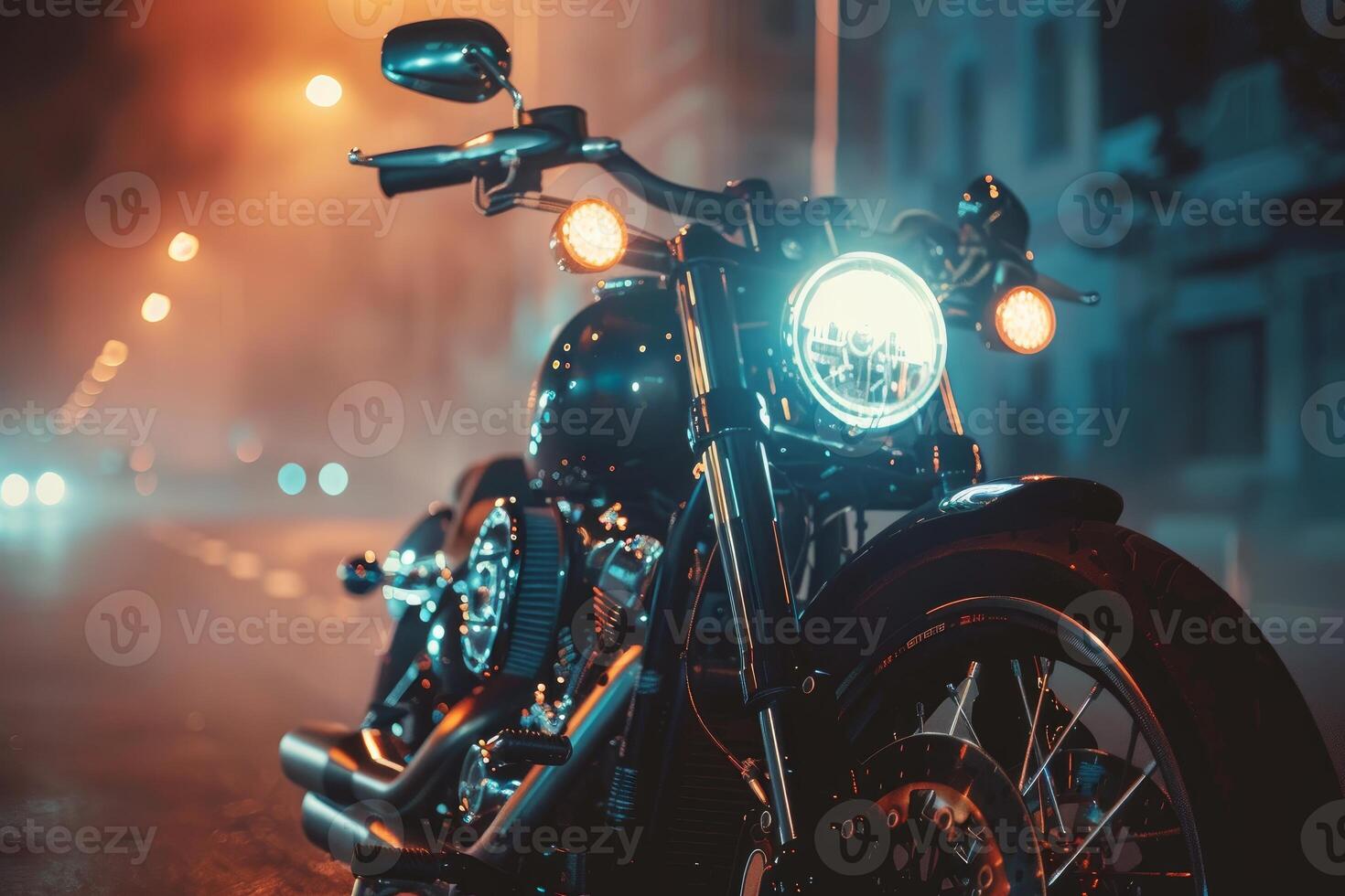 Black motorcycle parked on the side of a foggy city street at night photo