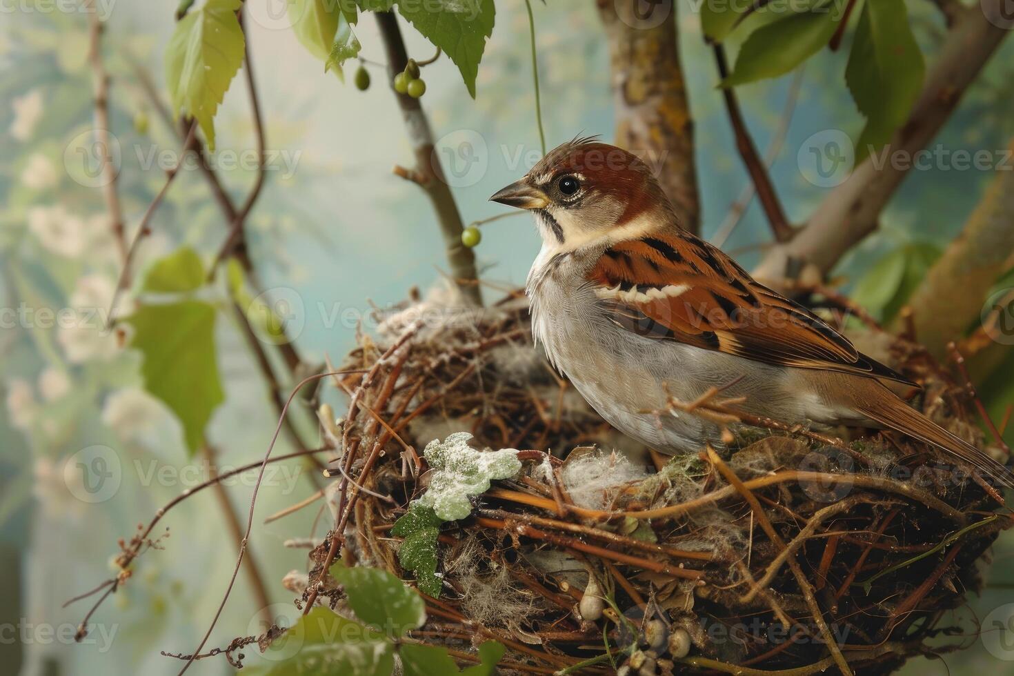 Sparrow bird sitting on nest full of eggs getting ready to hatch in spring photo