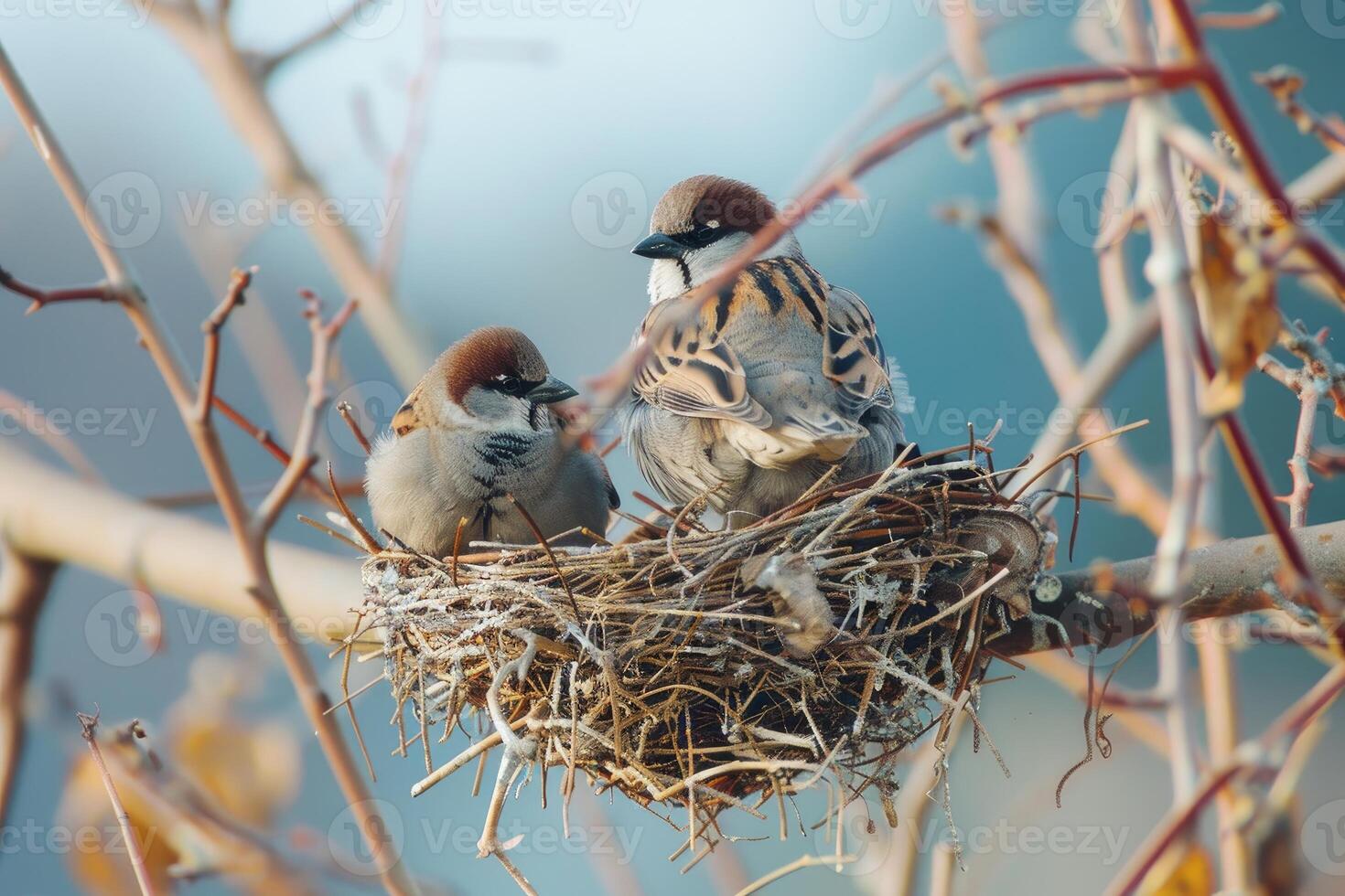 Two sparrows sitting on a cozy nest in a tree branch photo